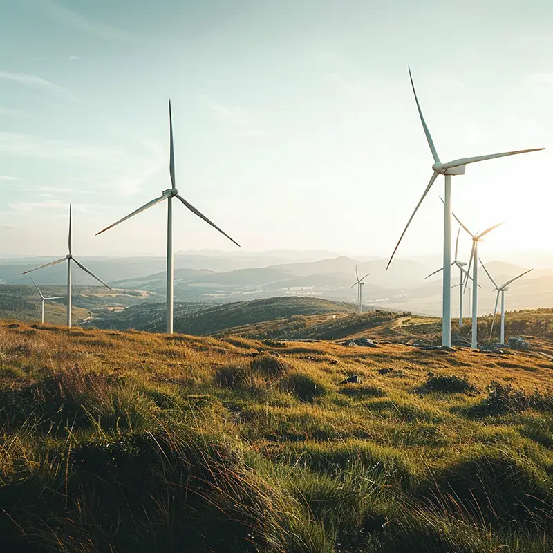 Wind Farm Among Grassy Fields