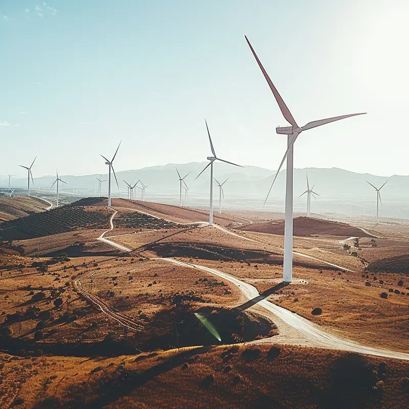 Wind Powered Turbines Along Winding Country Road